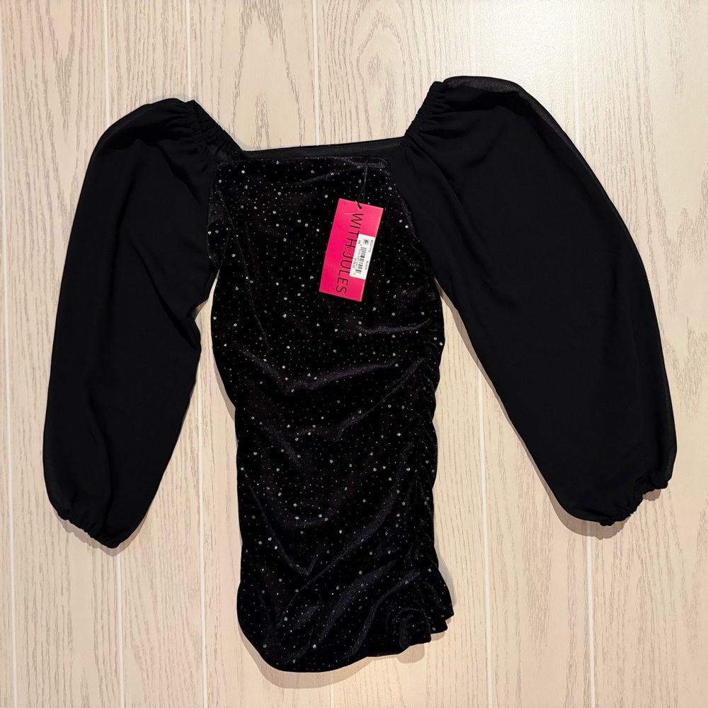 With Jules Girls Black Velvet Party Dress Ruched Puff Sleeve Size Small‎ NEW